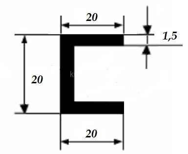 Заказать Швеллер из анодированного алюминия 20х20х20х1,5 мм Серебро 3 м 