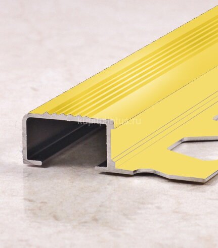 Заказать Профиль для ступеней с рифлением П-образный 20х12 мм PV52-05 золото блестящее 2,7 м Заказать Профиль для ступеней с рифлением П-образный 20х12 мм PV52-05 золото блестящее 2,7 м